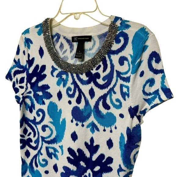 INC International Concepts Blue White Short Sleeve Top Rhinestone Collar Size S - Picture 2 of 6